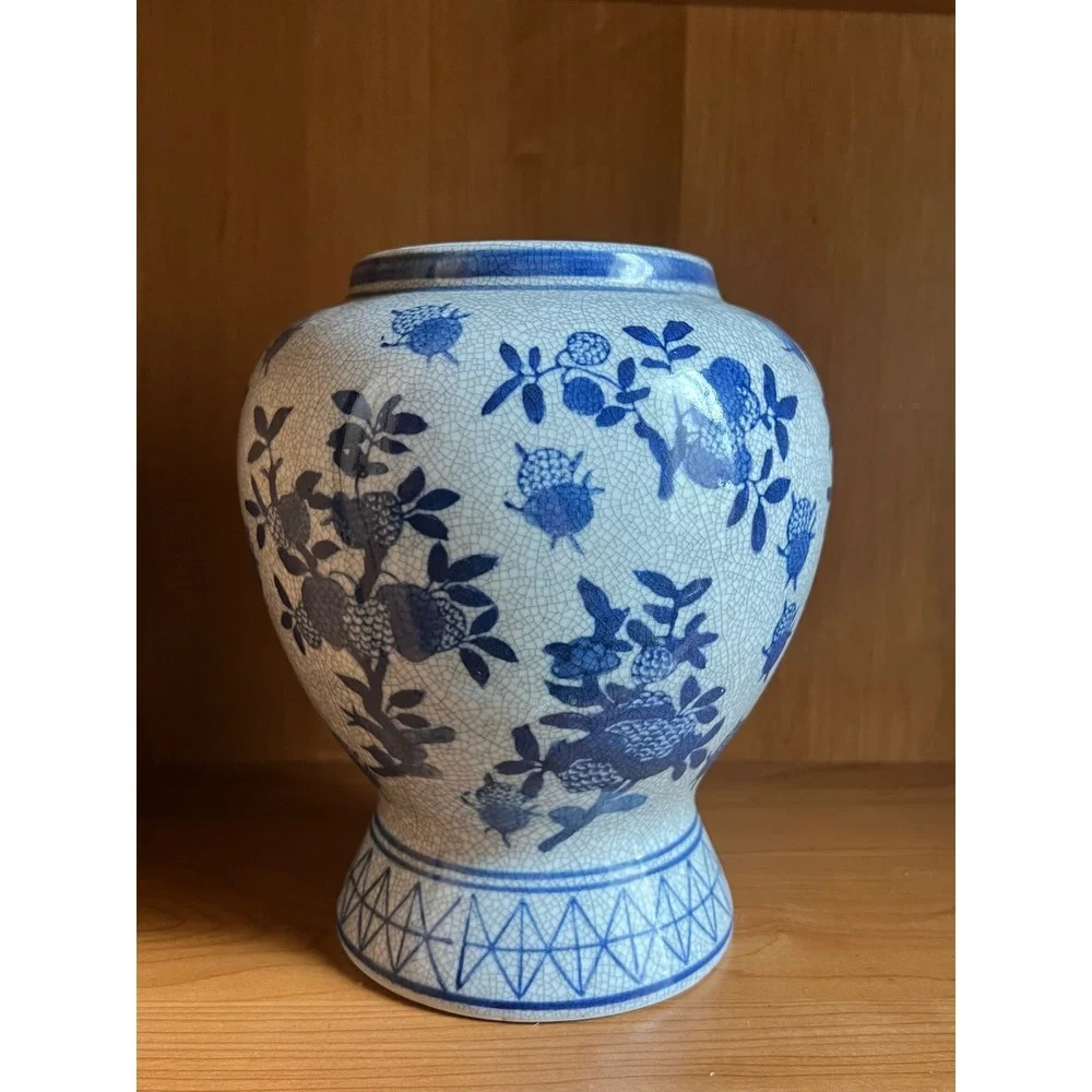 Vintage Blue and White Crackle Glaze Chinoiserie Ceramic Floral Vase 8 Inch
